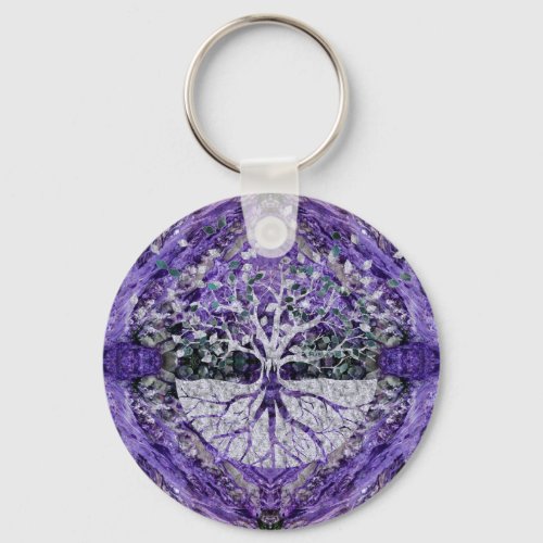 Silver Tree of Life Yggdrasil on Amethyst Geode Keychain