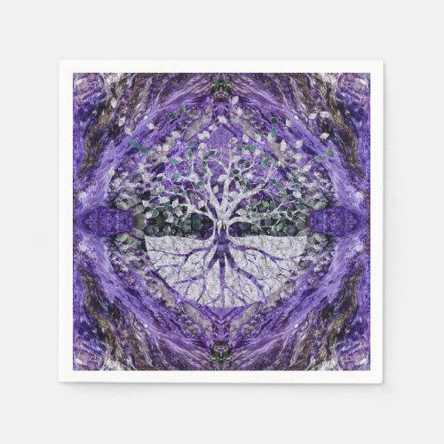 Silver Tree of Life Yggdrasil on Amethyst Geode Paper Napkins