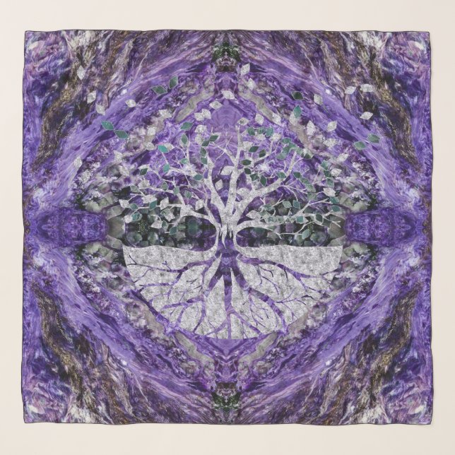 Silver Tree of Life Yggdrasil on Amethyst Geode Scarf (Front)