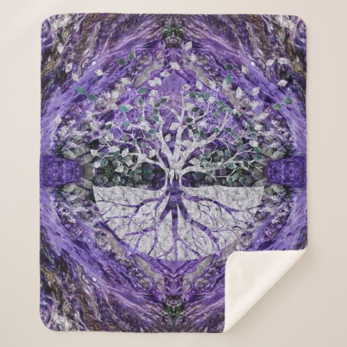 Silver Tree of Life Yggdrasil on Amethyst Geode Sherpa Blanket