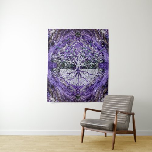 Silver Tree of Life Yggdrasil on Amethyst Geode Tapestry