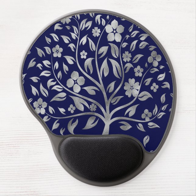 Silver Tree on Navy Blue Gel Mouse Pad (Front)