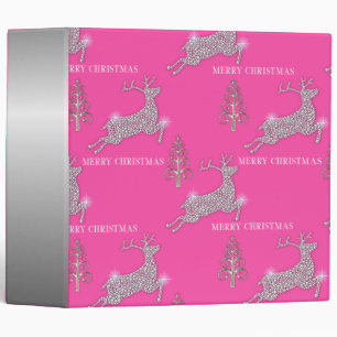 Silver Trees and Diamond Reindeer Pink Christmas 3 Ring Binder