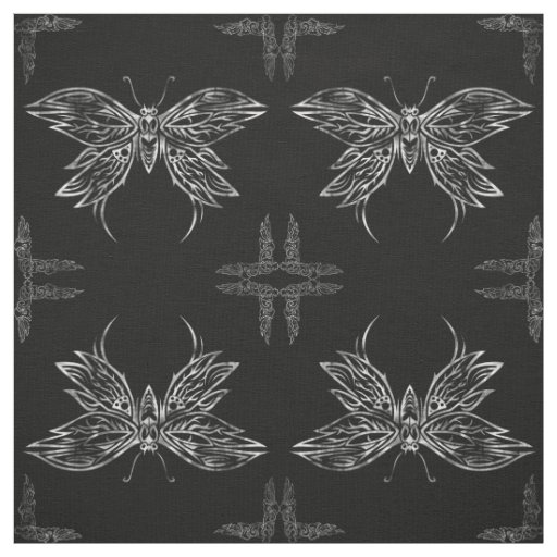 Silver Tribal Butterfly Goth Quilt Block Fabric