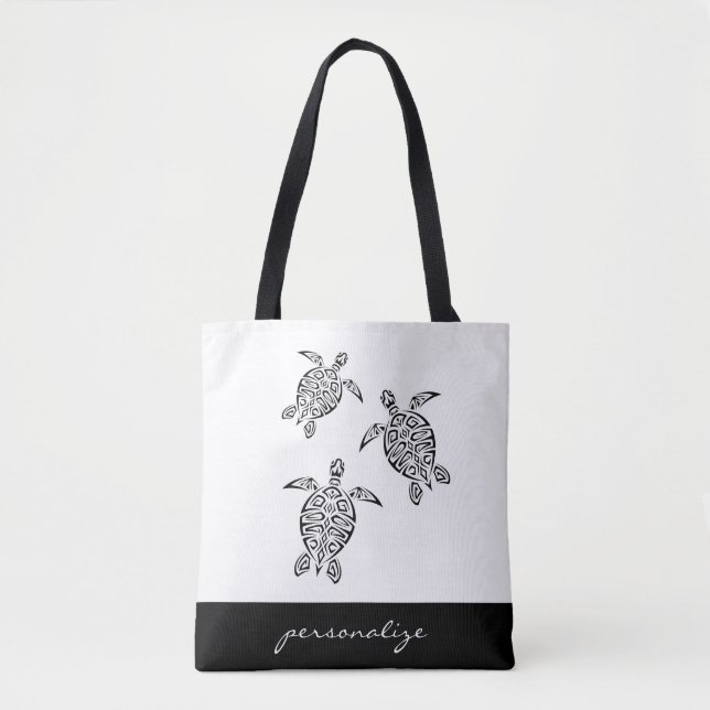 Silver Tribal Turtles White Coastal Monogram Tote Bag (Front)