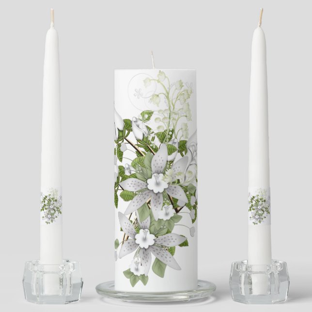 Silver Trimmed White Roses Lilies of the Valley Unity Candle Set (Front)