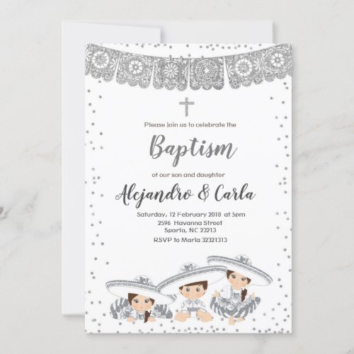 Silver Triplets Boy and Girl Baptism Invitation