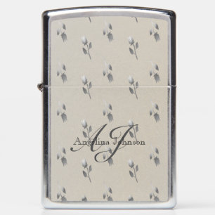 Silver Tulip Pattern , Elegant Floral Monogrammed Zippo Lighter