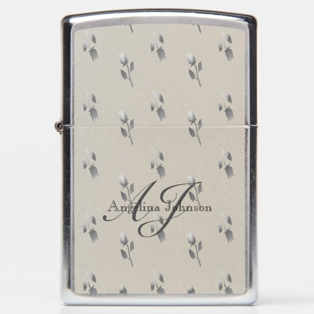 Silver Tulip Pattern , Elegant Floral Monogrammed Zippo Lighter (Front)