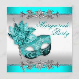 Silver Turquoise Blue Masquerade Party Invitation