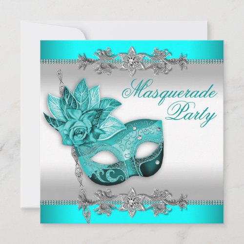 Silver Turquoise Blue Masquerade Party Invitations
