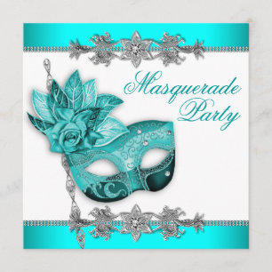 Silver Turquoise Blue Masquerade Party Invitations