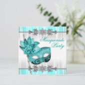Silver Turquoise Blue Masquerade Party Invitations (Standing Front)