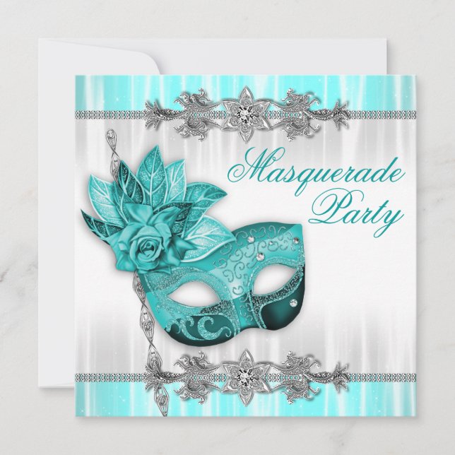 Silver Turquoise Blue Masquerade Party Invitations (Front)
