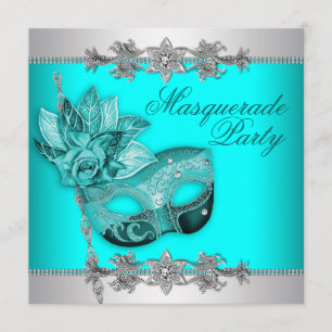 Silver Turquoise Blue Masquerade Party Invitations