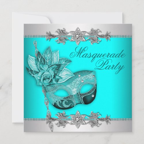 Silver Turquoise Blue Masquerade Party Invitations