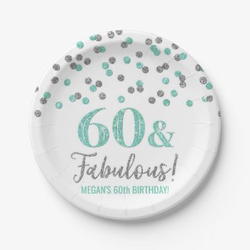 Silver Turquoise Confetti 60 And Fabulous Paper Plates by DreamingMindCards at Zazzle