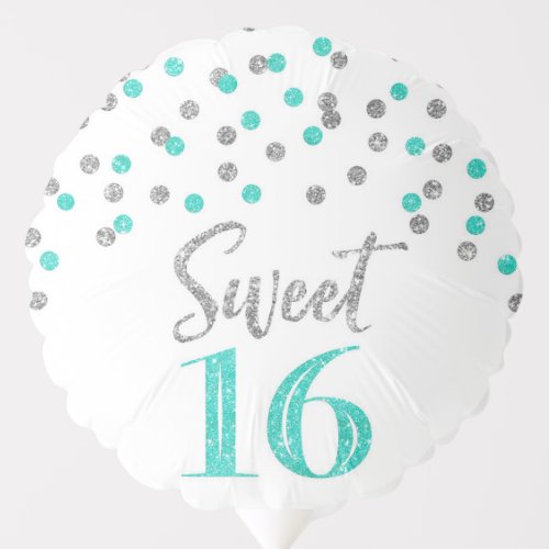Silver Turquoise Confetti Sweet16 Birthday Balloon