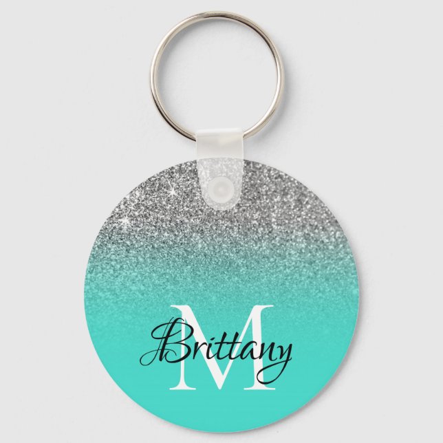 Silver Turquoise Glitter Ombre Monogram Keychain (Front)