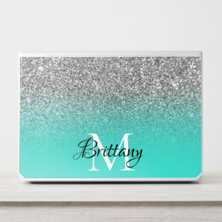 Silver Turquoise Glitter Ombre Monogrammed HP Laptop Skin