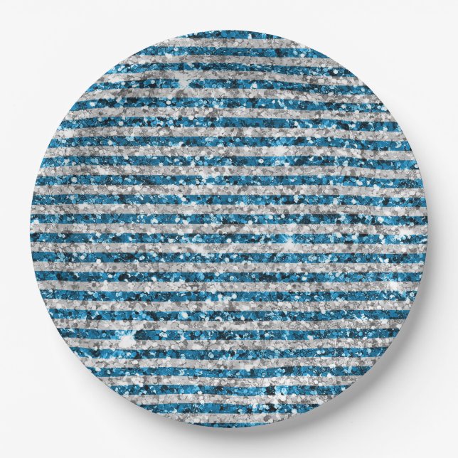 Silver Turquoise Glitter Stripes       Paper Plates (Front)