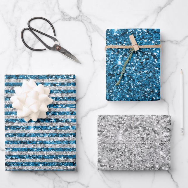 Silver Turquoise Glitter Stripes            Wrapping Paper Sheets (Front)