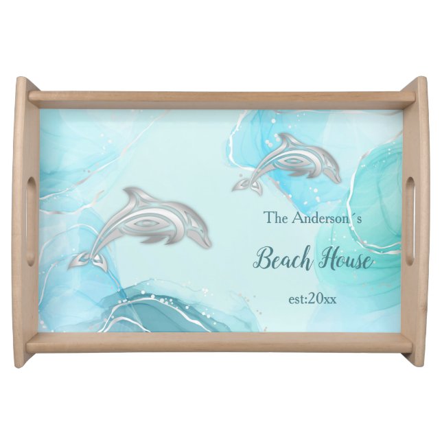 Silver Turquoise  Ink Dolphin Custom Coastal Serving Tray (Front)