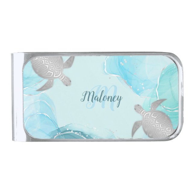 Silver Turquoise Ink Turtle Monogram Your Name Finish Money Clip (Front)