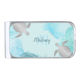 Silver Turquoise Ink Turtle Monogram Your Name Silver Finish Money Clip