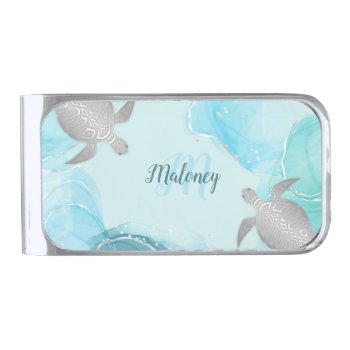 Silver Turquoise Ink Turtle Monogram Your Name Silver Finish Money Clip by NinaBaydur at Zazzle