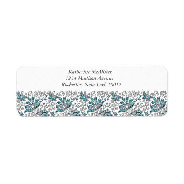 Silver Turquoise Jewel Lace Teal Blue Address Labe Label (Front)