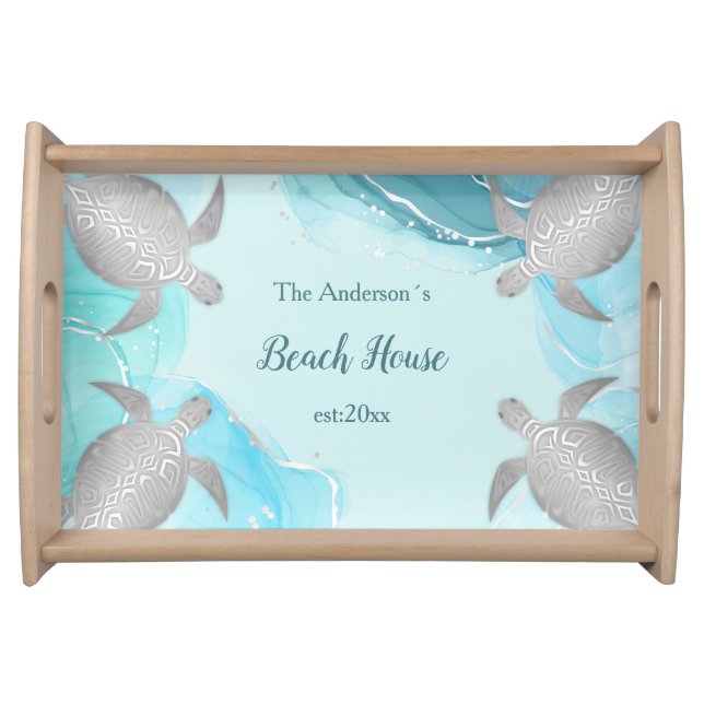 Silver Turquoise Marble Monogram Beach House Serving Tray (Front)