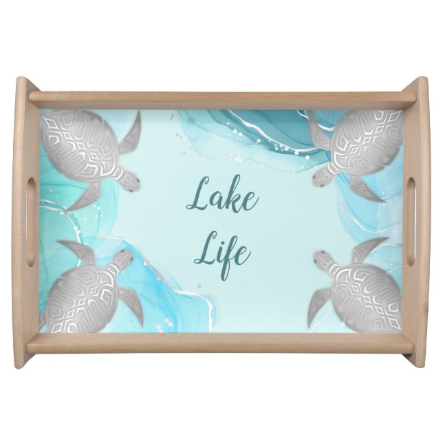 Silver Turquoise Marble Monogram Lake Live Serving Tray (Front)