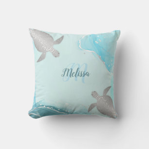 Silver Turquoise Marble Monogram Your Name Outdoor Pillow