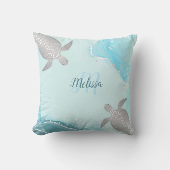 Silver Turquoise Marble Monogram Your Name Outdoor Pillow (Front)
