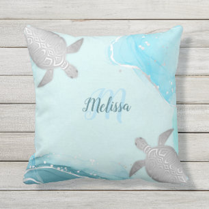Silver Turquoise Marble Monogram Your Name Outdoor Pillow