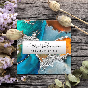 Silver turquoise marble watercolor stylist script  square business card