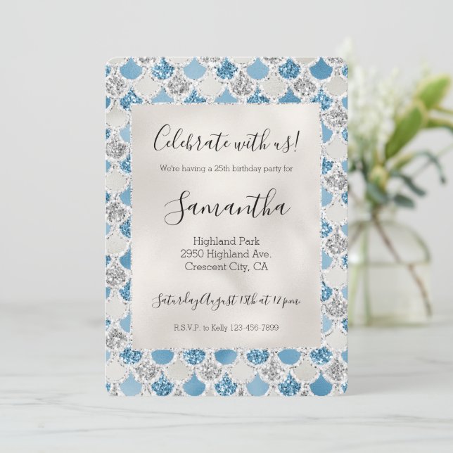 Silver Turquoise Pearl Glitter Mermaid Invitation (Standing Front)