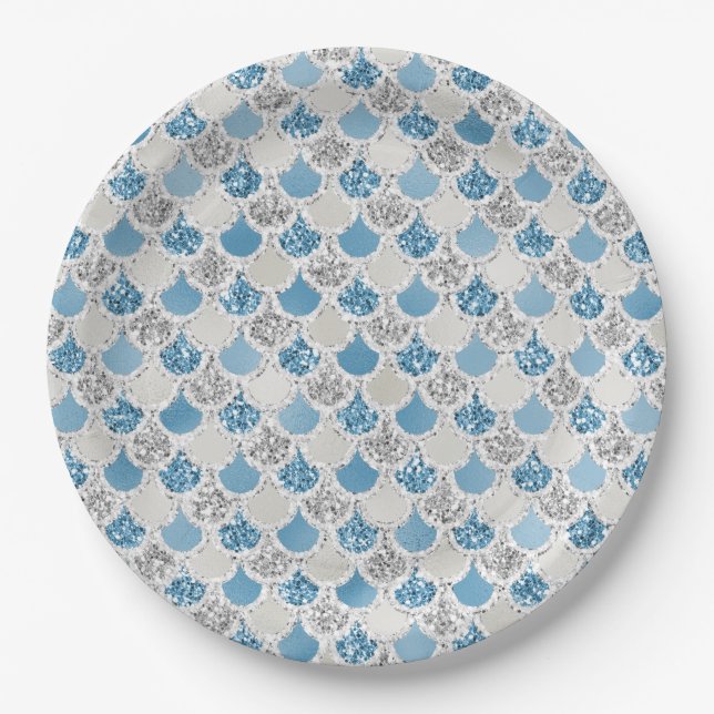 Silver Turquoise Pearl Glitter Mermaid       Paper Plates (Front)