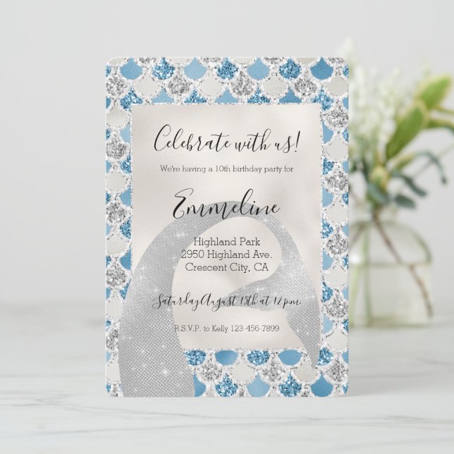 Silver Turquoise Pearl Glitter Mermaid Sparkle Invitation (Standing Front)