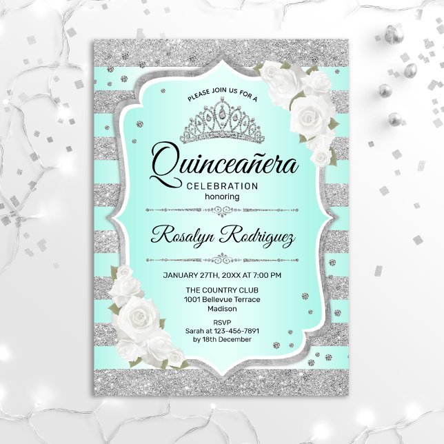 Silver Turquoise Quinceanera Invitation