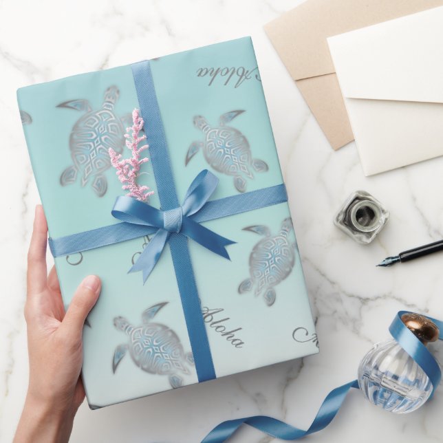 Silver Turquoise Sea Turtles Aloha Coastal  Wrapping Paper (Gifting)