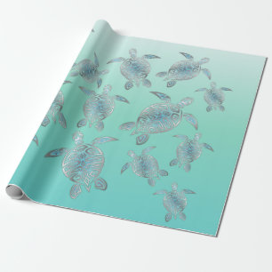 Silver  Turquoise Sea Turtles Coastal Pattern Wrapping Paper