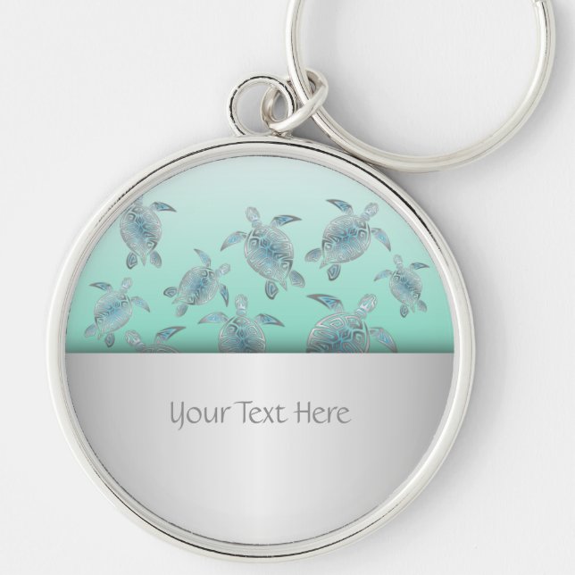 Silver Turquoise Sea Turtles Pattern Keychain (Front)