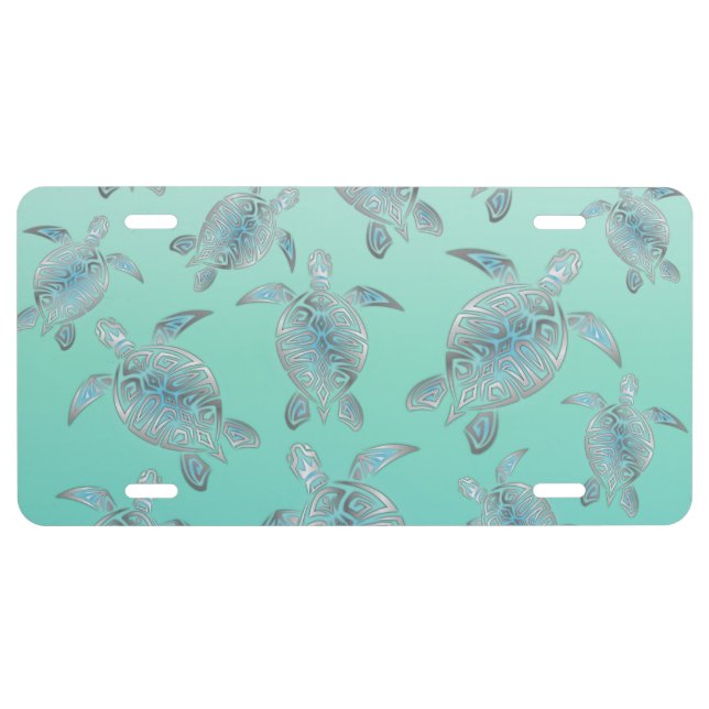 Silver Turquoise Sea Turtles Pattern License Plate (Front)