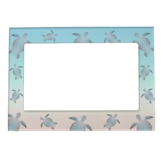 Silver Turquoise Sea Turtles Pattern Magnetic Frame (Front)