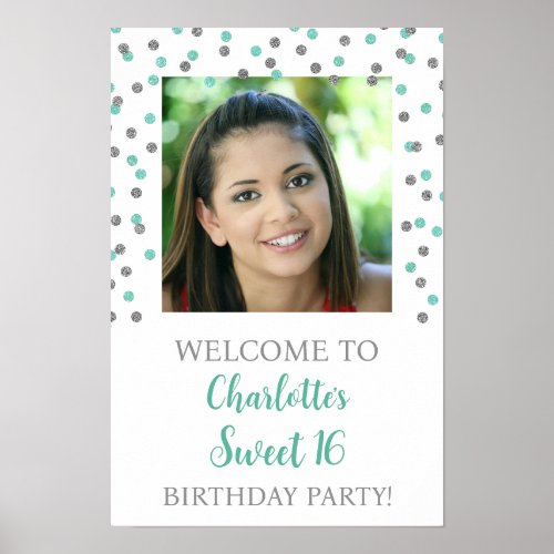 Silver Turquoise Sweet 16 Birthday Custom 12x18  Poster