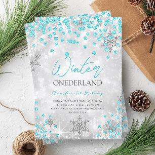 Silver Turquoise Winter ONEDERLAND 1st Birthday Invitation