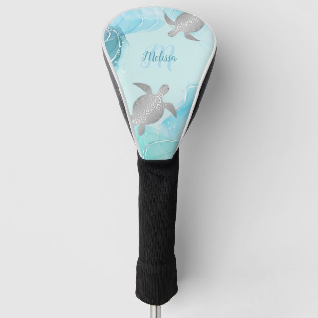 Silver Turtle Blue Coastal  Monogram Your Name Golf Head Cover (Front)