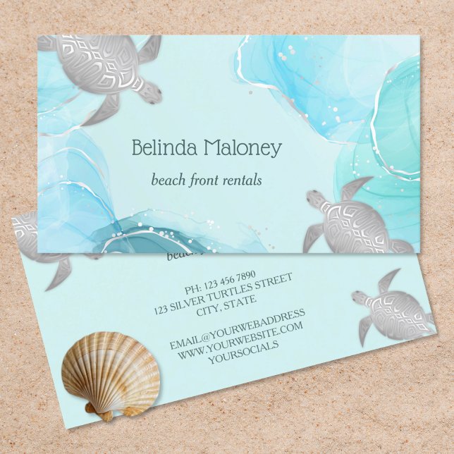 Silver Turtle Blue Ink Coastal QR Code Business Card (Creator Uploaded)